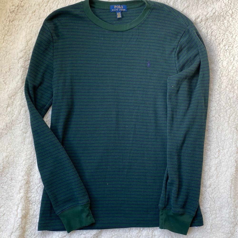 Polo Ralph Lauren green with navy stripe waffle long sleeve tee size 18/20